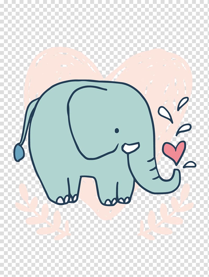 teal elephant and red heart illustration, Elephant Computer file, Hand painted elephant transparent background PNG clipart