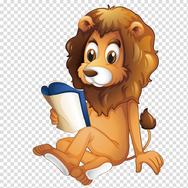 brown lion reading book , Lion Reading Book Illustration, A lion reading a transparent background PNG clipart