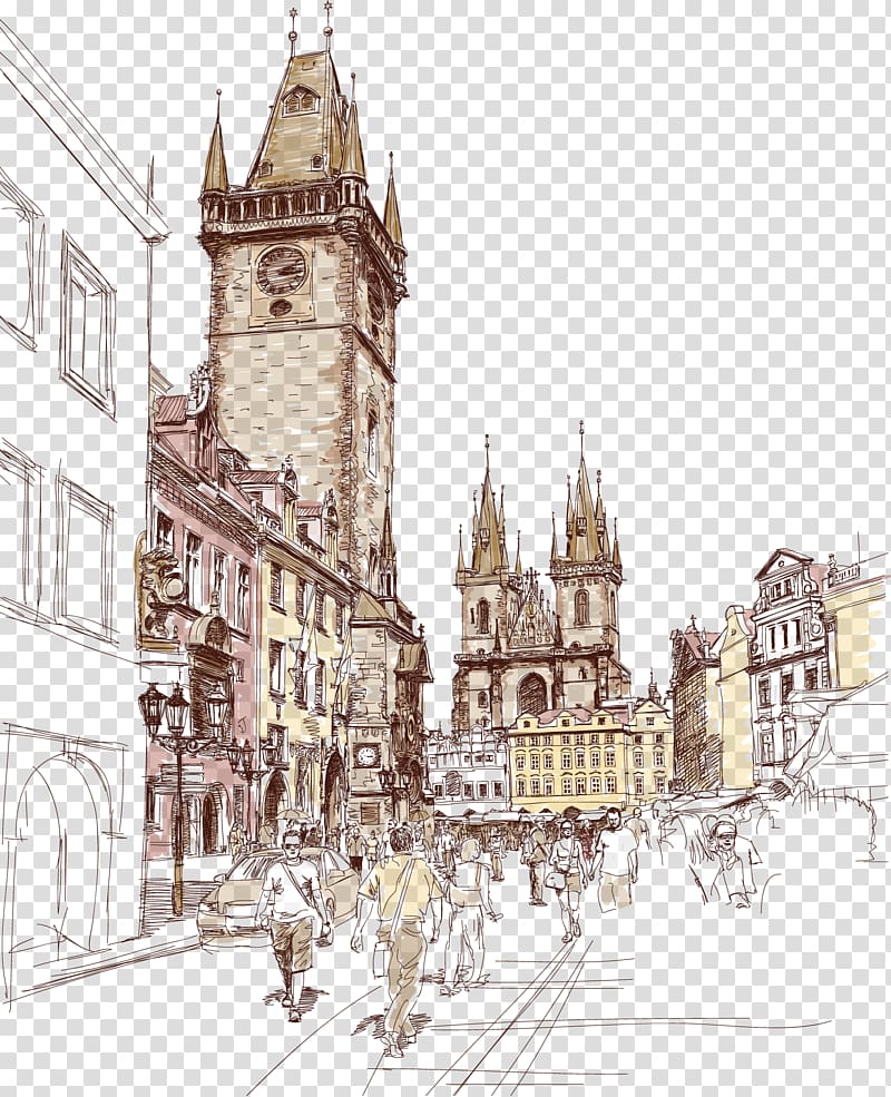 Big Ben illustration, Prague Santa Maria della Spina Drawing Sketch, town transparent background PNG clipart
