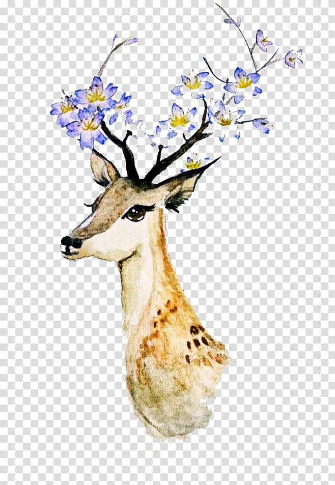 deer with floral horn , Deer Creative Watercolor Watercolor painting, Watercolor deer transparent background PNG clipart