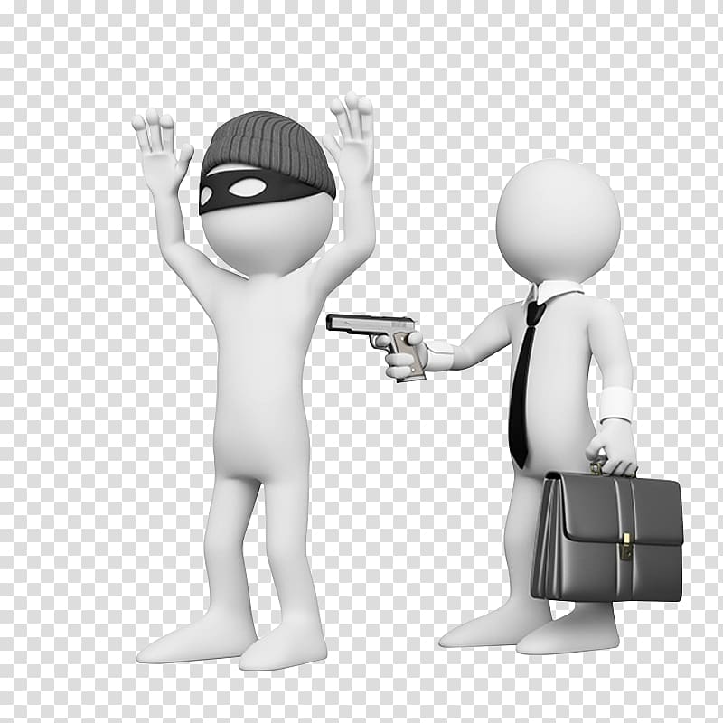 man holding pistol and bag aiming man wearing black hat and mask with his hands on the air illustration, Robbery , 3D villain transparent background PNG clipart