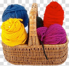 assorted yarns in basket, Basket With Balls Of Wool transparent background PNG clipart