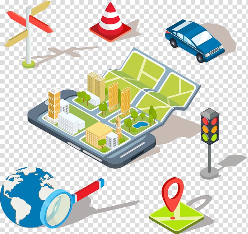 city map and assorted icons illustrations, Mobile app Global Positioning System Illustration, Mobile Maps app transparent background PNG clipart