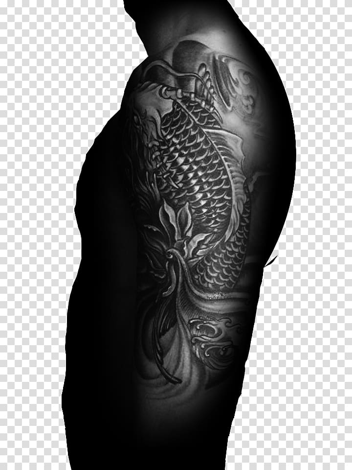 Monochrome Shoulder Arm Limb, koi tattoo transparent background PNG clipart