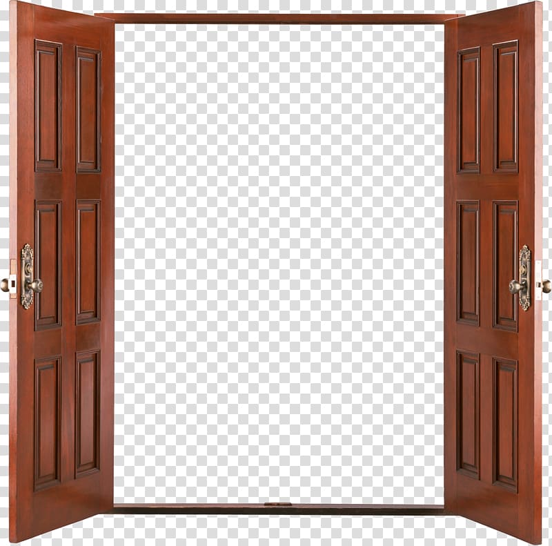 brown wooden paneled side-by-side door, Door, Open door transparent background PNG clipart