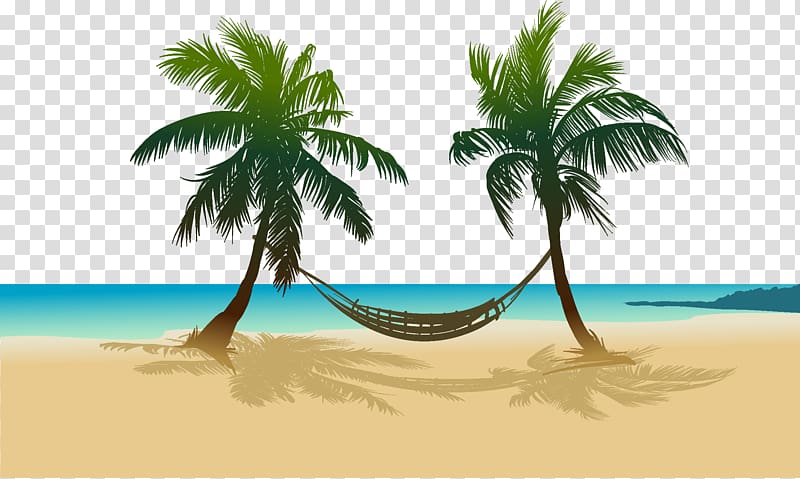 hammock hanged between palm trees on seashore illustration, Arecaceae Beach Drawing Sea, Sandy beach transparent background PNG clipart