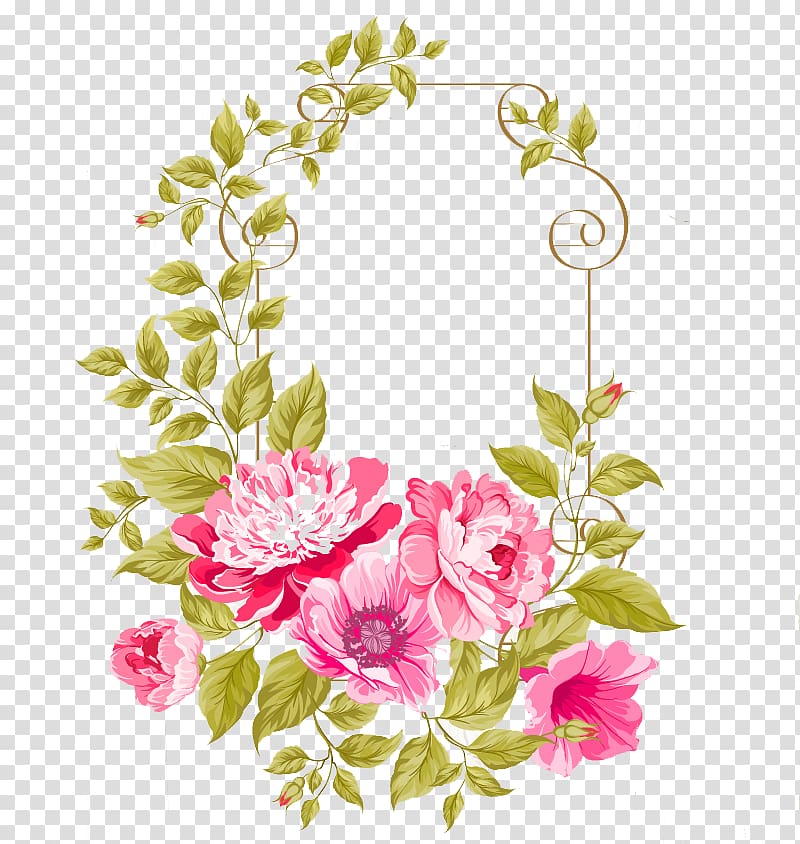 pink and green flowers border, Wedding invitation Pink flowers Illustration, Hand-painted flowers flower box transparent background PNG clipart