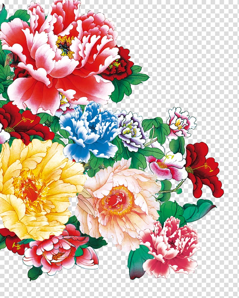 red, blue, and yellow petaled flowers, Moutan peony , Peony transparent background PNG clipart