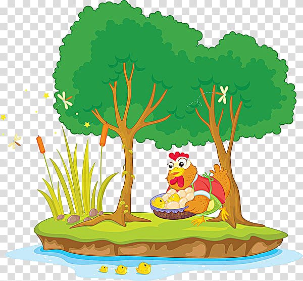Cartoon Tree Illustration, Hen chick care transparent background PNG clipart