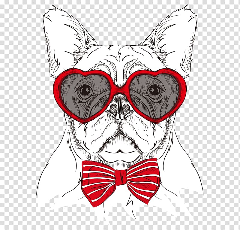 dog wearing red sunglasses , Cartoon dog\'s head painted glasses bow tie transparent background PNG clipart