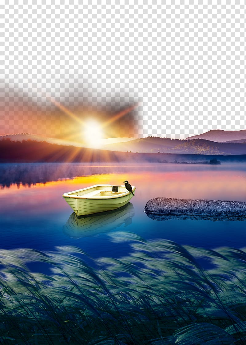 beige boat and blue lake, Poster Advertising Sunset, Lake Sunset transparent background PNG clipart