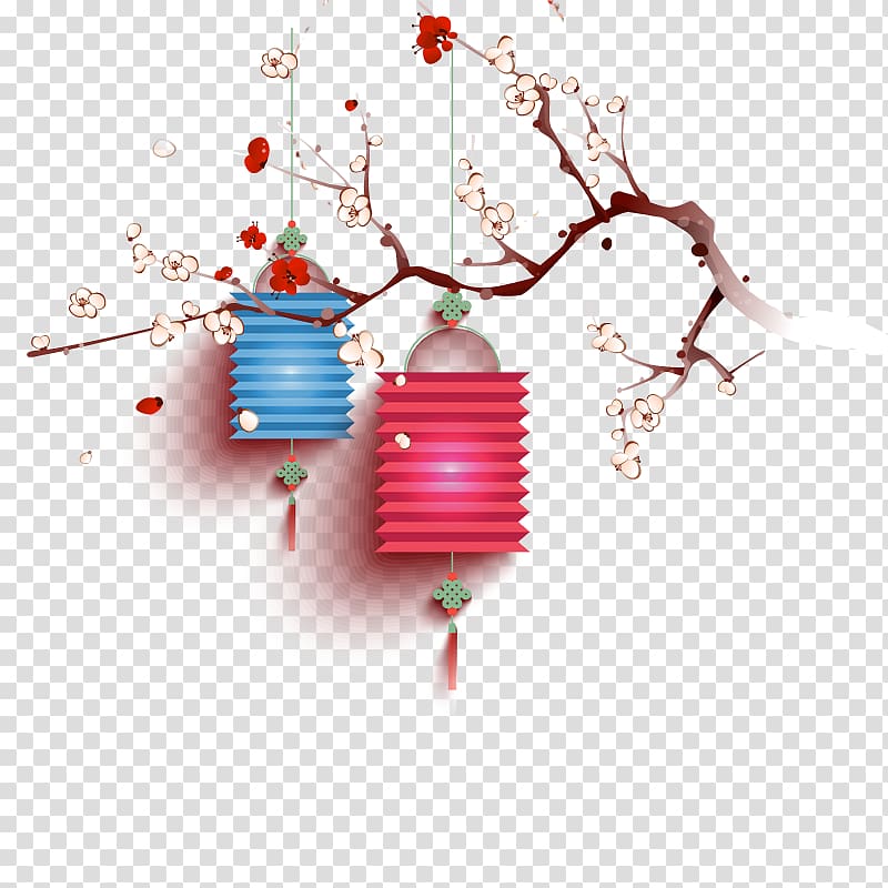 blue and red lantern hanging on tree illustration, Lantern Chinese New Year Lunar New Year, Plum New Year Lantern transparent background PNG clipart