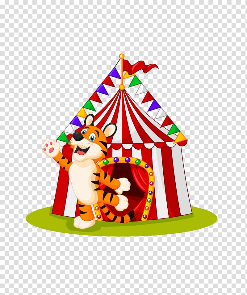 Clown Circus Cartoon Illustration, Cartoon circus tigers and tent material transparent background PNG clipart