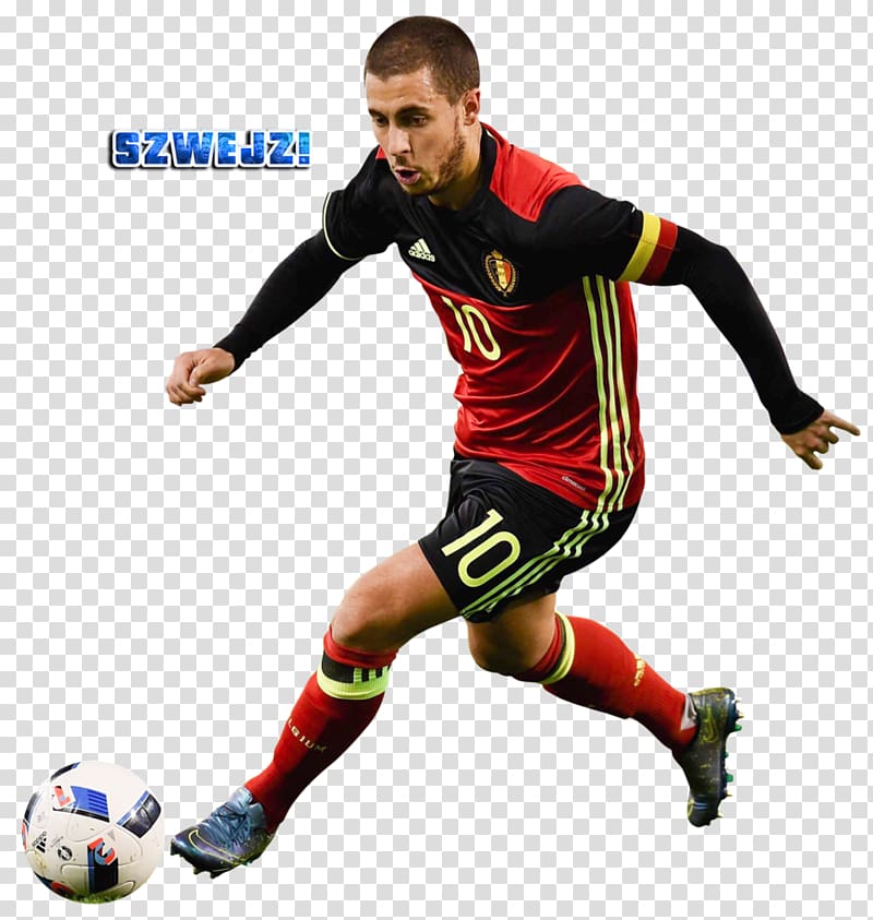man in red and black soccer jersey running front of ball, Team sport Football player, Eden Hazard belgium transparent background PNG clipart