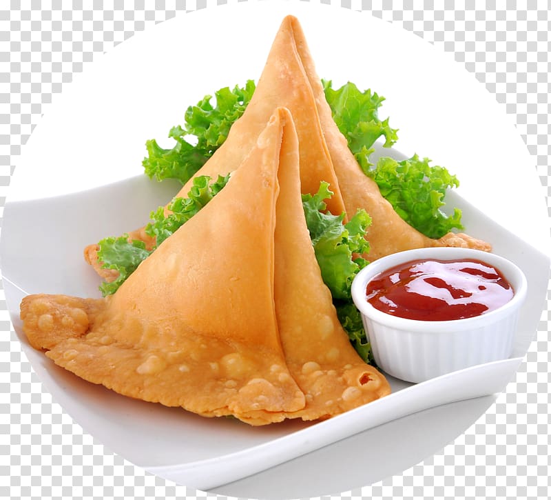 fried food with red ketchup, Chutney Samosa Indian cuisine Stuffing Chaat, Samosa transparent background PNG clipart
