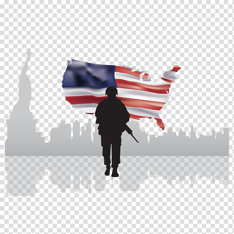 silhouette of soldier illustration, Statue of Liberty Caffxc3xa8 Americano Flag of the United States Soldier, American soldier transparent background PNG clipart