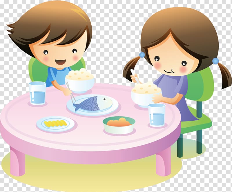 illustration of girl and boy eating food, Cartoon children eat transparent background PNG clipart