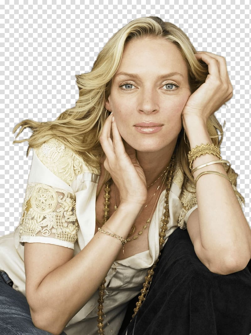 woman's hand on neck and one on side of ear, Uma Thurman Portrait transparent background PNG clipart