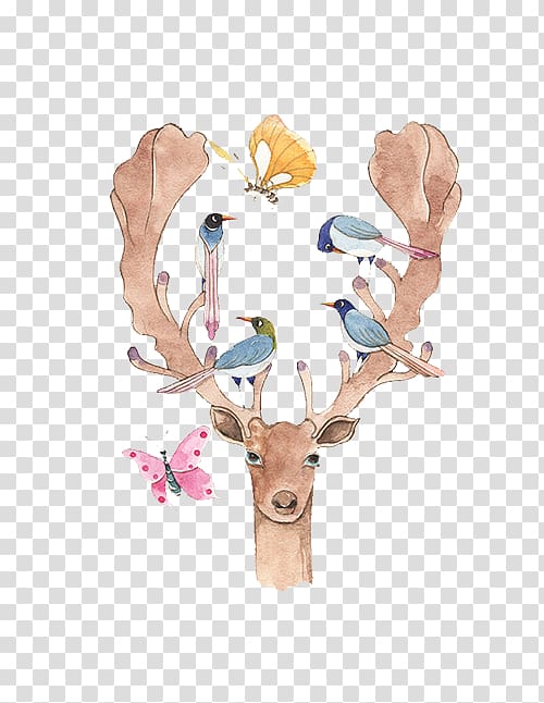 Bird House Sparrow Elk Antler Illustration, Birds on antlers transparent background PNG clipart