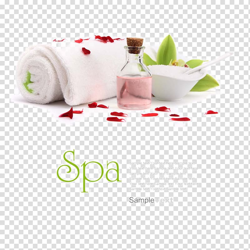 glass bottle beside bowl, Spa Cosmetology Beauty Parlour Poster, Oil supplies Towel SPA transparent background PNG clipart
