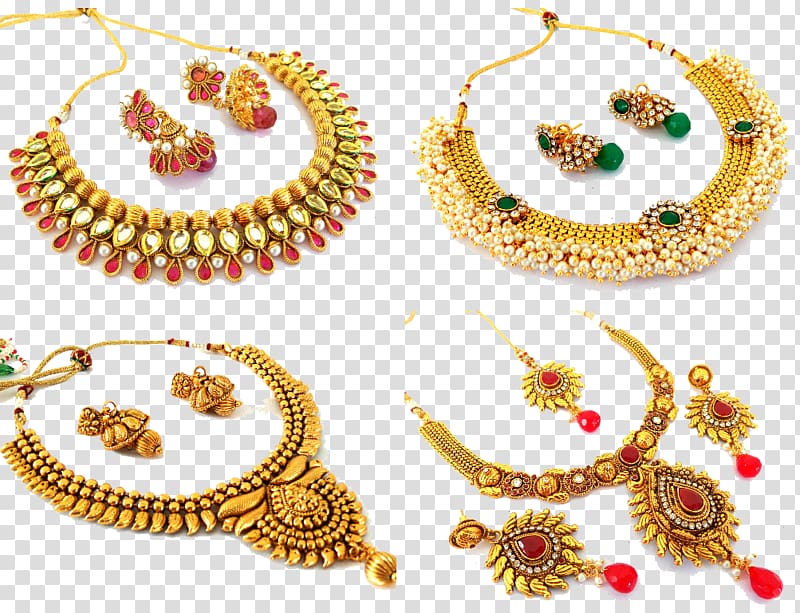 four gold-colored necklace and earrings sets, Jewellery Earring Necklace Costume jewelry, Indian Jewellery transparent background PNG clipart