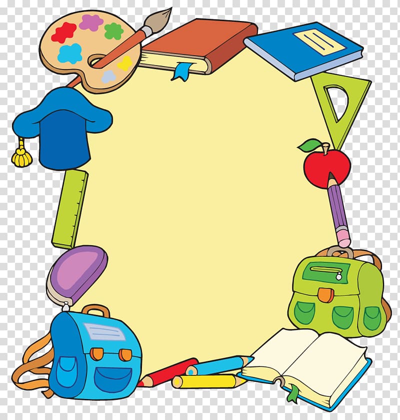 school backpack, notebook, paint, and hat , Student School frame , Cartoon school supplies transparent background PNG clipart