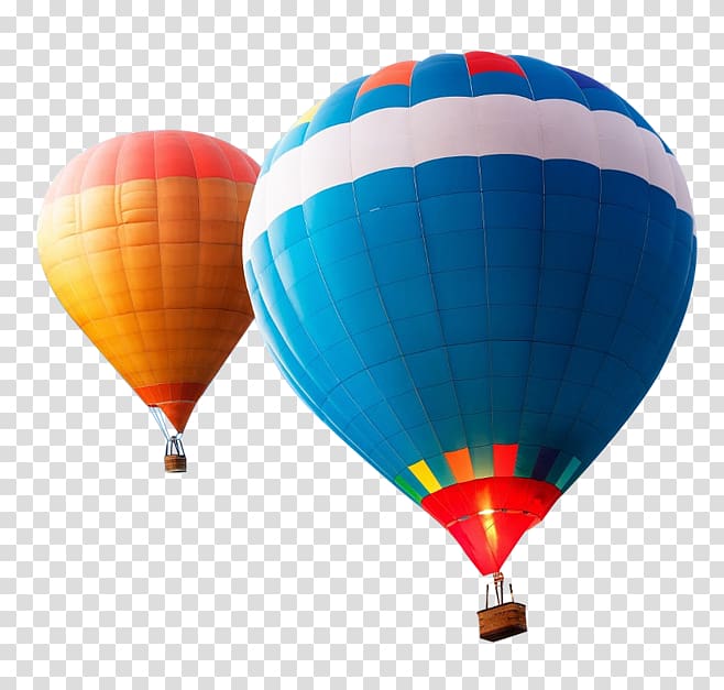 two blue and yellow hot air balloons on air, Flight Hot air balloon 4K resolution Mockup, hot air balloon transparent background PNG clipart