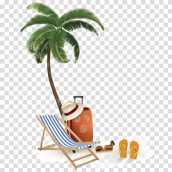 coconut tree and folding chair art, Tropical Islands Resort Beach Seaside resort Illustration, Beach element transparent background PNG clipart