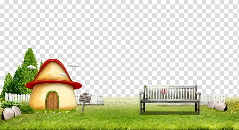 Cartoon Happiness Illustration, Mushroom hut grass background material transparent background PNG clipart