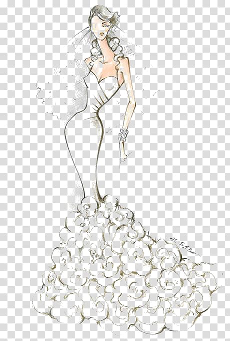 woman wearing dress sketch, Wedding dress Fashion Bride Sketch, Hand-painted wedding transparent background PNG clipart