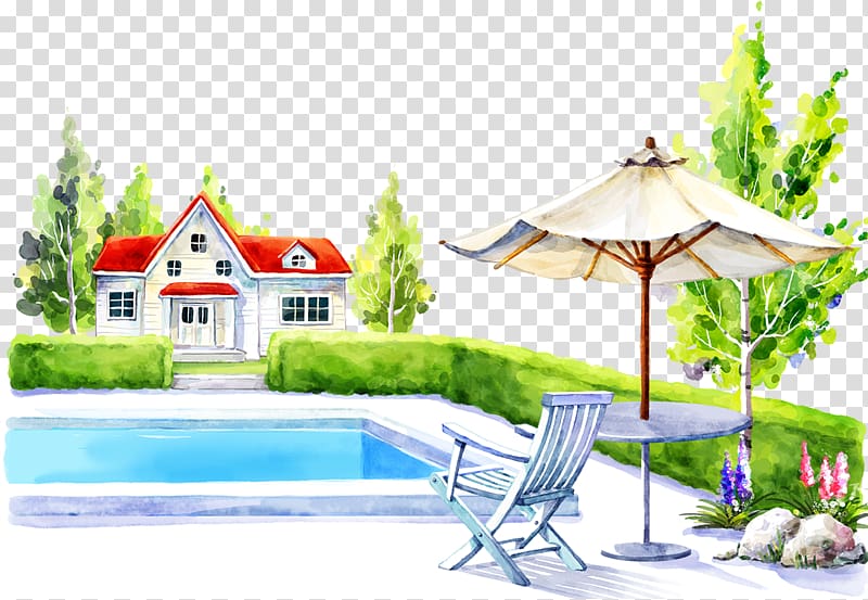 blue chair near patio table beside pool , Swimming pool Table Cartoon Illustration, Family Pool and chairs transparent background PNG clipart