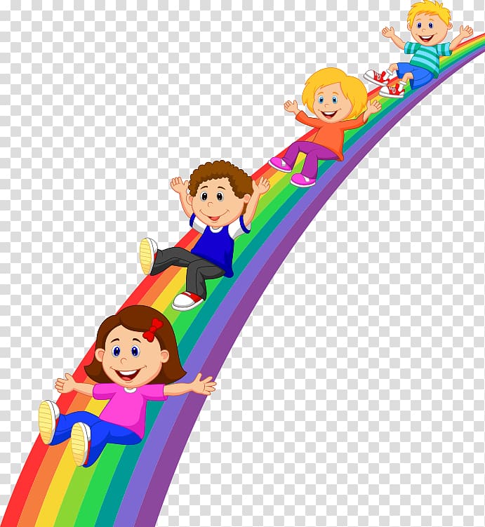 children sliding on rainow, Rainbow Child Cartoon Illustration, Children on the rainbow transparent background PNG clipart