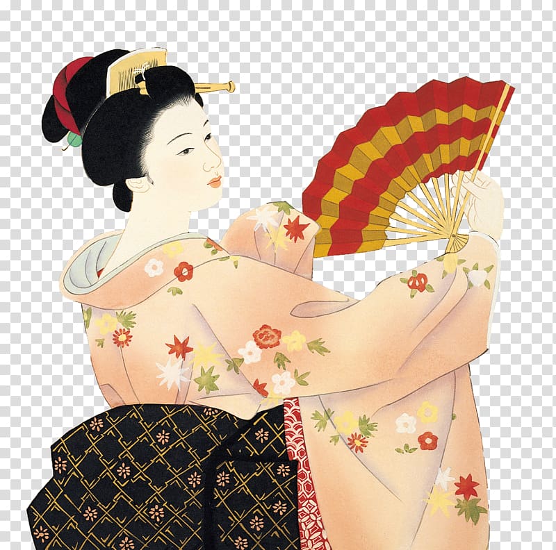 Geisha holding hand fan , Japan Kimono, Japanese kimono woman holding a fan transparent background PNG clipart