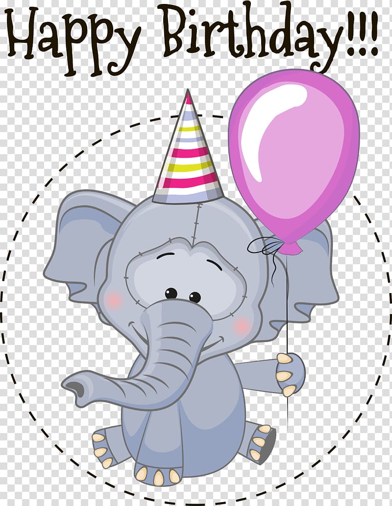 gray elephant holding purple balloon, Birthday Elephant Greeting card Illustration, elephant transparent background PNG clipart