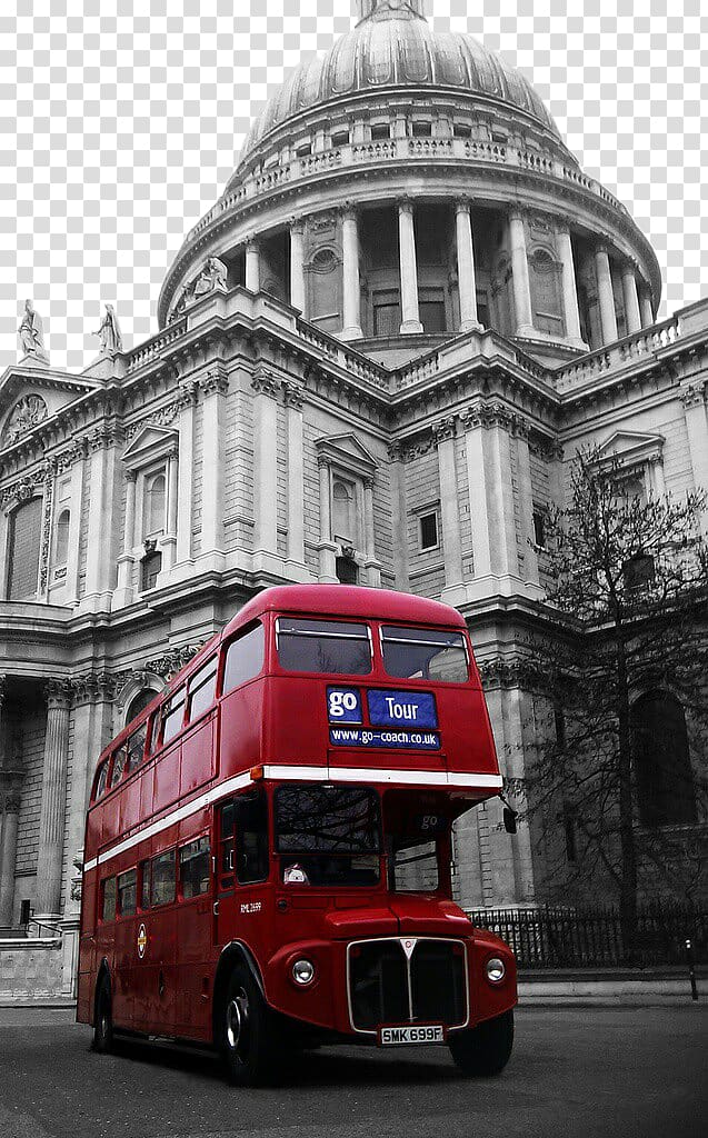 St Pauls Cathedral Millennium Bridge, London Double-decker bus AEC Routemaster, London red bus and European architecture steeple transparent background PNG clipart