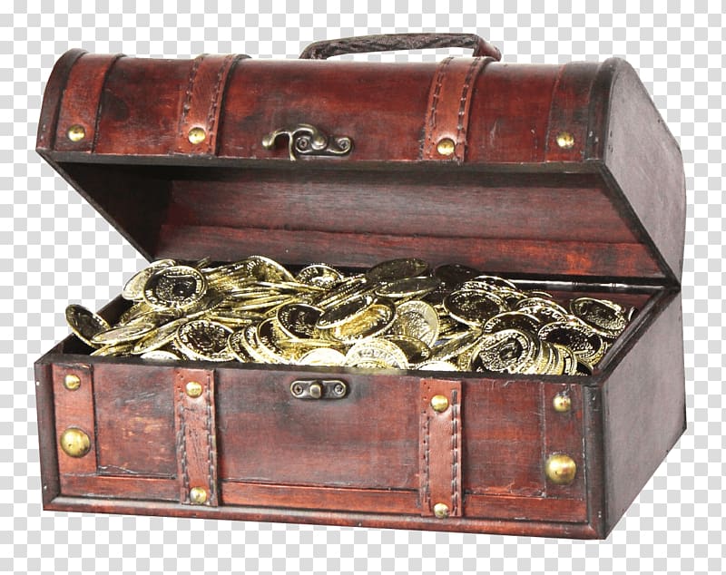gold-colored coins inside brown wooden chest box, Tiny Treasure Chest transparent background PNG clipart