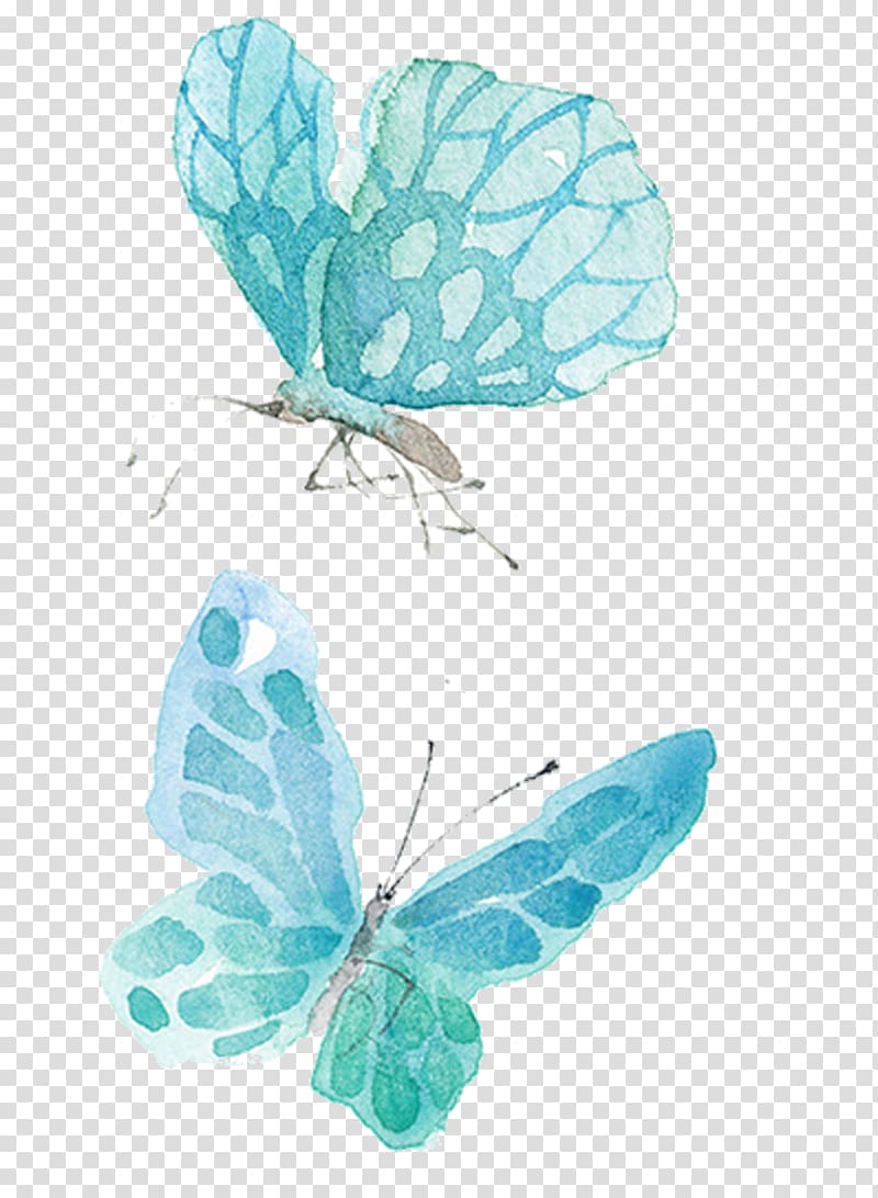 two green butterflies , Watercolor painting Drawing Illustration, blue butterfly transparent background PNG clipart
