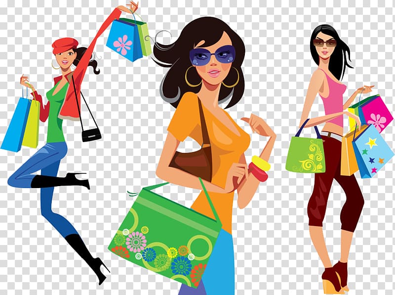 Shopping Girl Illustration, Three happy women creatives transparent background PNG clipart
