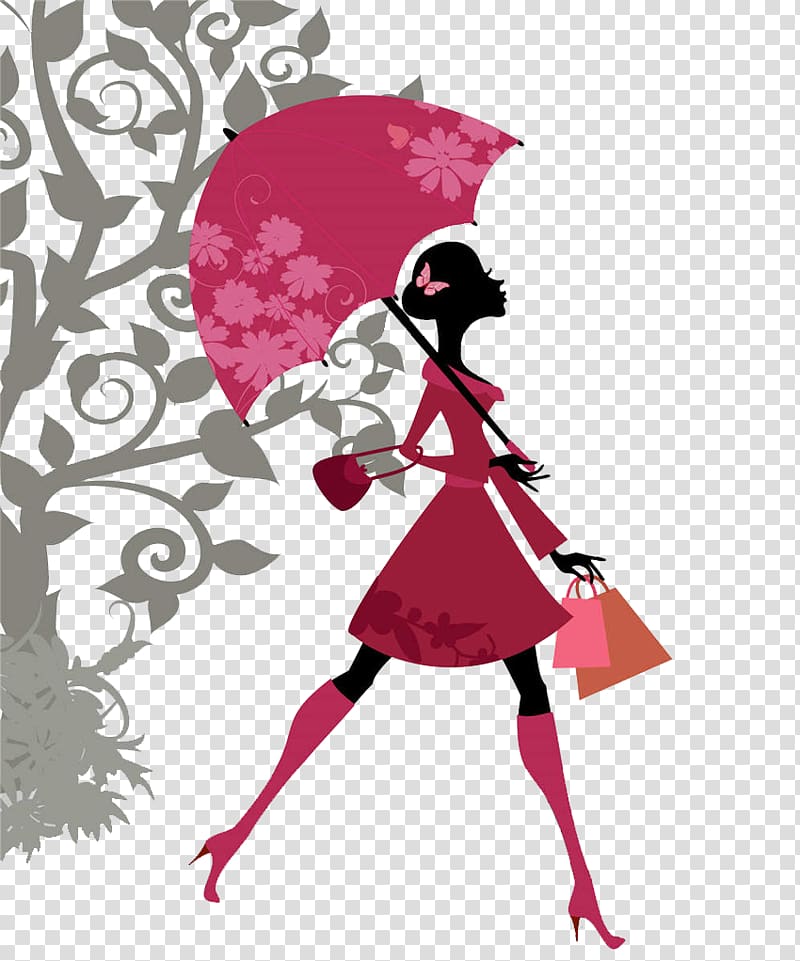 Shopping Drawing illustration, Red umbrella girl transparent background PNG clipart