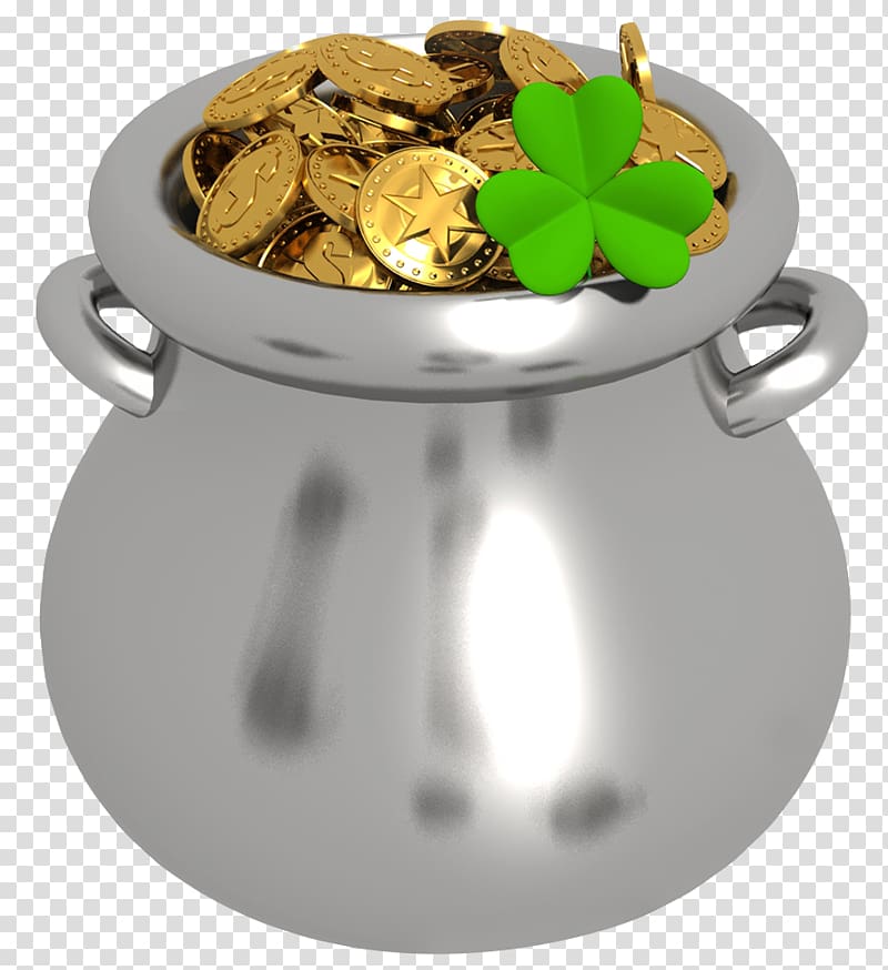 gray pot filled with gold-colored coins illustration, Gold , Pot of Gold with Shamrock transparent background PNG clipart