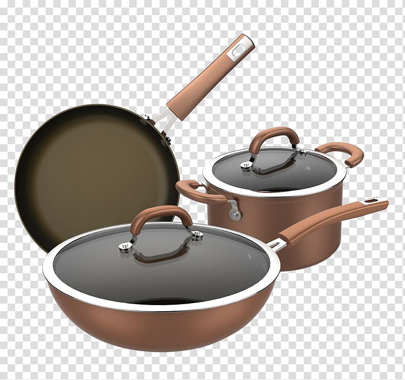 brown 3-piece cooking set, Frying pan Kitchenware Cookware and bakeware Kitchen utensil, Kitchen transparent background PNG clipart