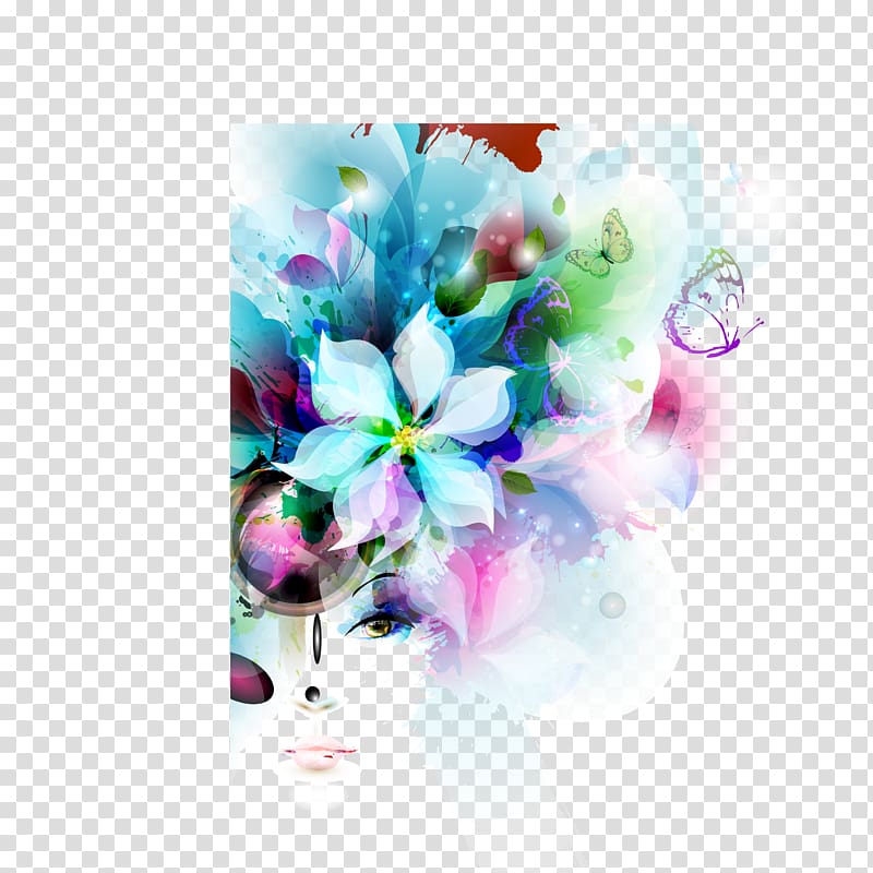 Girl Fashion Woman Illustration, Blue fantasy flower with a combination of people transparent background PNG clipart