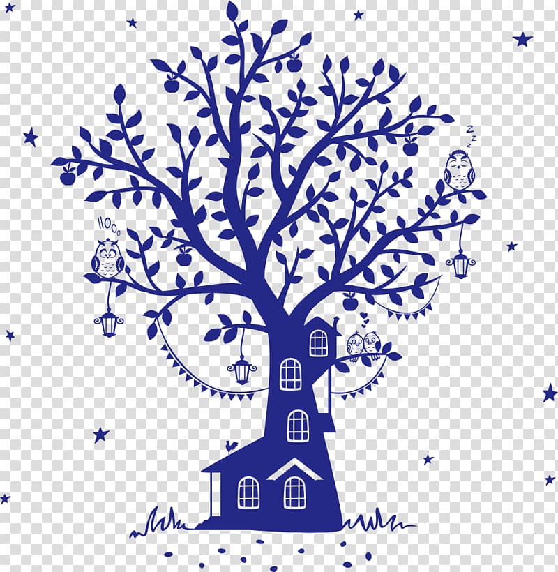 blue tree house illustration, Fairy tale Wall decal Silhouette Tree house, Blue Owl Tree House transparent background PNG clipart