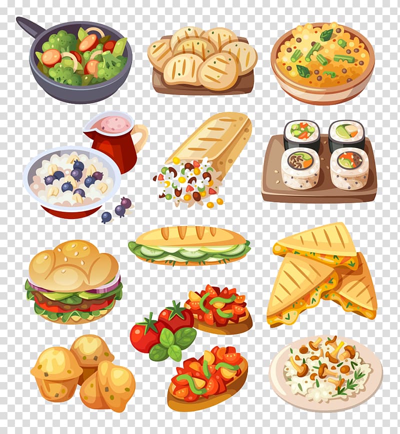 Fast food Hamburger Sushi Illustration, Vegetable salad and bread transparent background PNG clipart