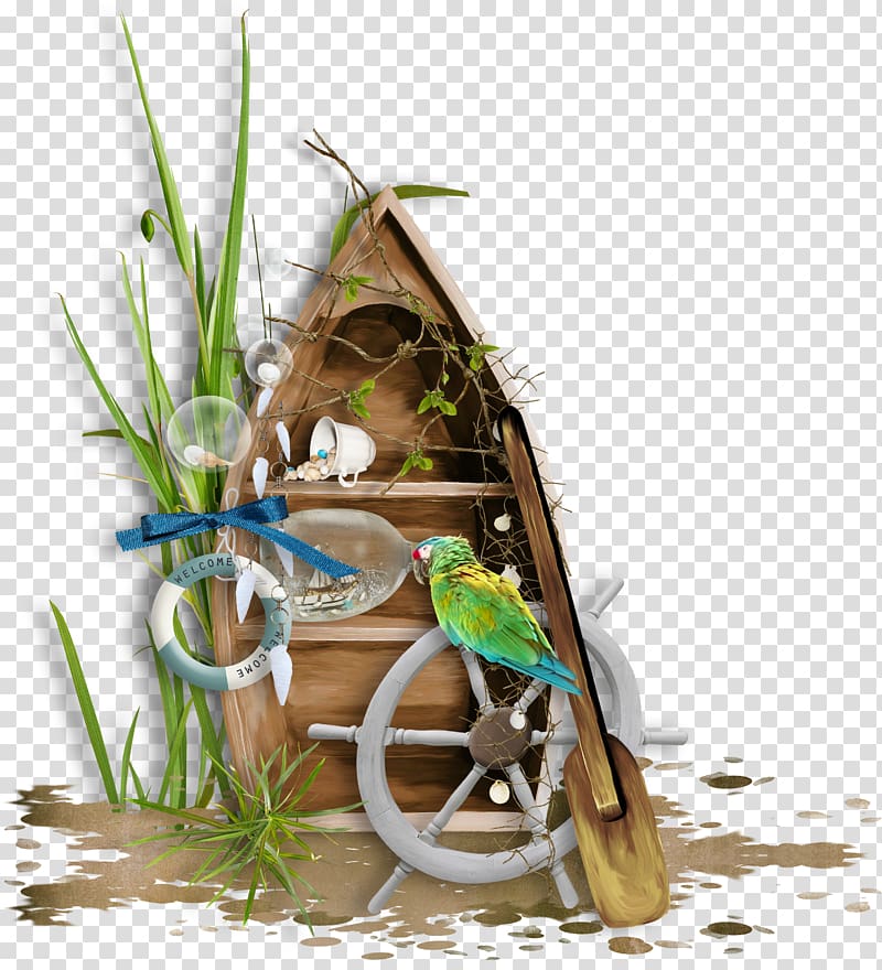 brown boat shelf and macaw art, Boat , Fishing parrot transparent background PNG clipart