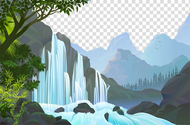 falls and tree , Jungle Landscape, Nature Waterfalls transparent background PNG clipart