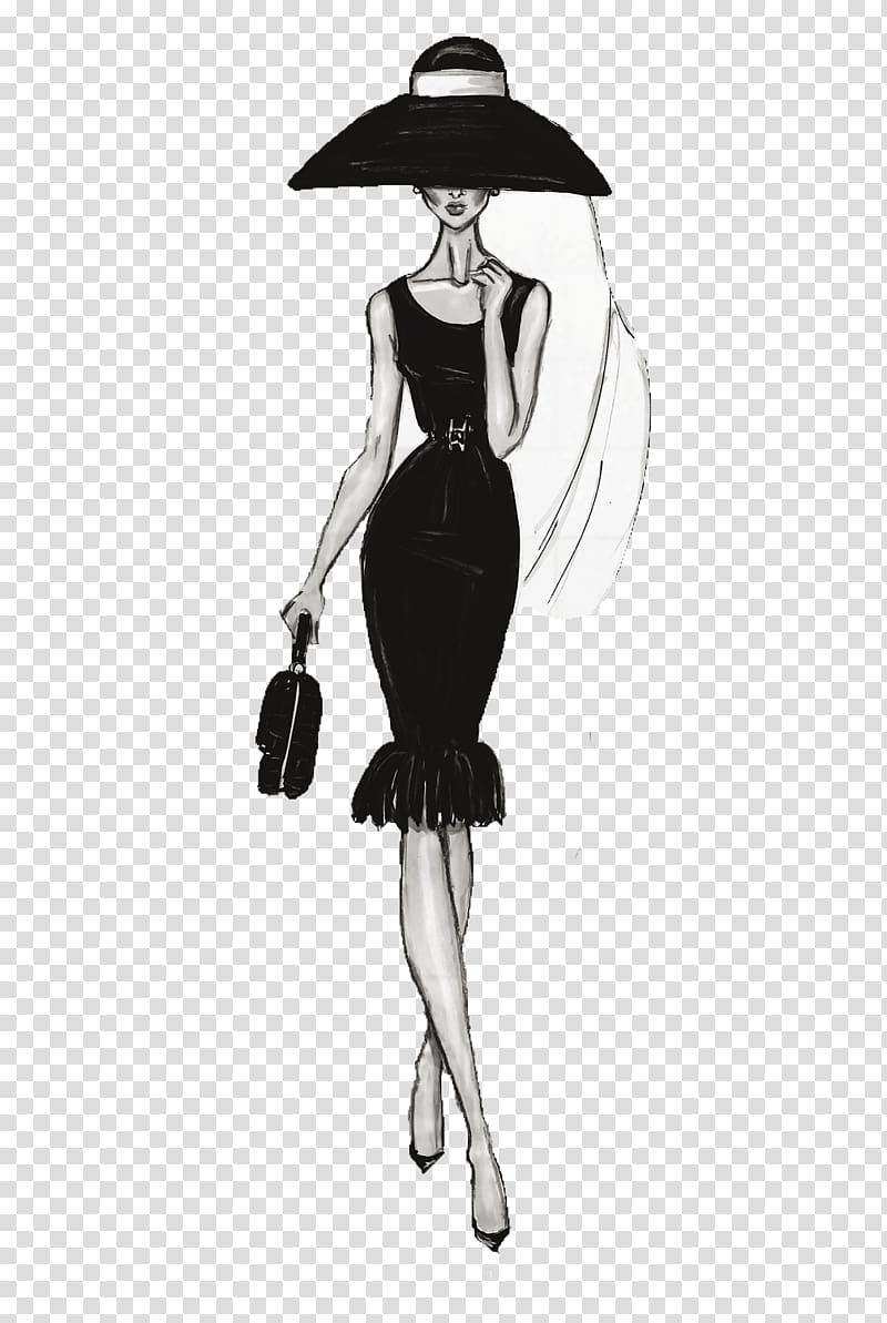 Woman wearing hat and black sleeveless dress holding handbag sketch ...