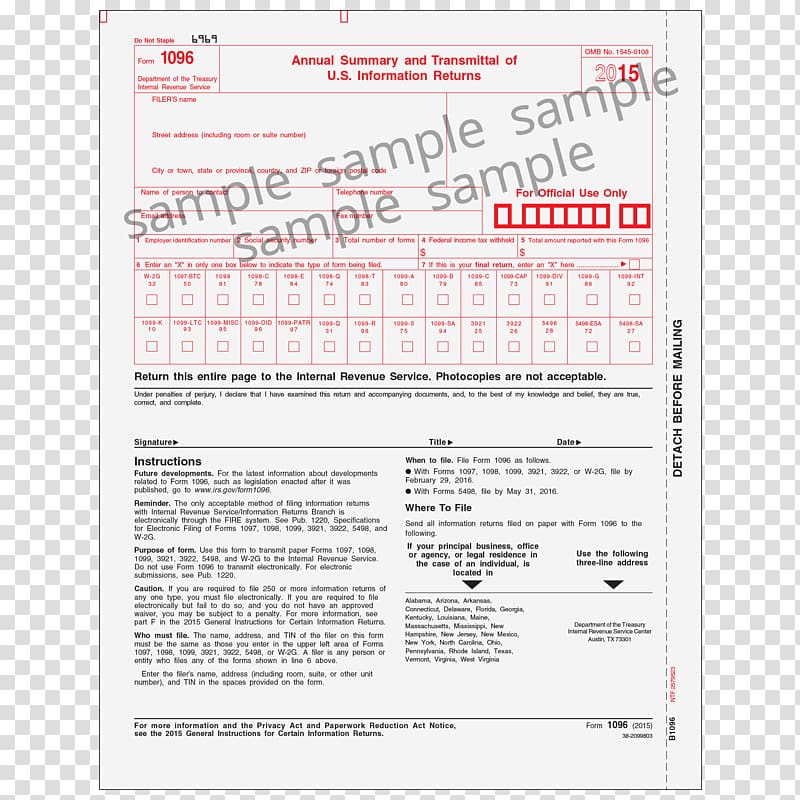 Document Form 1096 Internal Revenue Service IRS tax forms, blank Ticket Stub transparent background PNG clipart