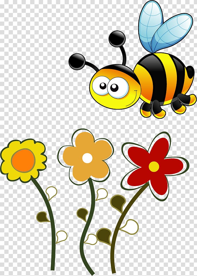 bee flying near three flowers illustration, Honey bee Concept Education Child, cartoon bee transparent background PNG clipart