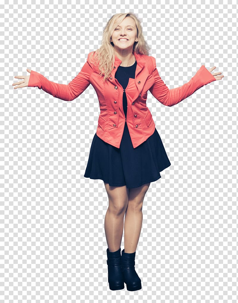 woman wearing black jacket and red mini dress, Woman Girl, Happy Young Woman Standing In Casual Clothes transparent background PNG clipart